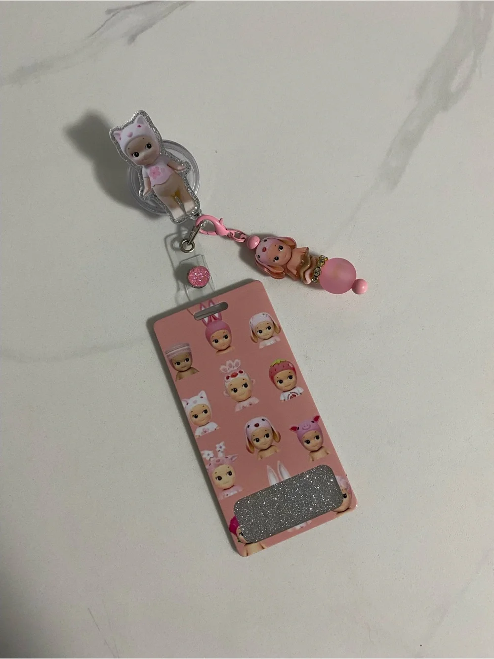 Pink Cute Doll Charm ID Badge Holder with Beaded Accent